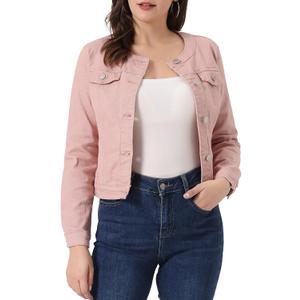 Allegra K Women's Denim Jacket Collarless Round Neck Button Down Long Sleeve Jean Jackets (Pink, L)