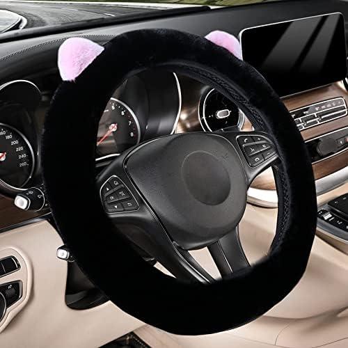 JXJKMMN Cute Fluffy Steering Wheel Cover - Furry Ear, Winter Warm Fuzzy Car Decoration (Black)