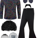 70s Disco Outfit for Men 70s Costume with Retro Shirt Bell Bottom Pants Wig Sunglasses Necklace Mustache, M