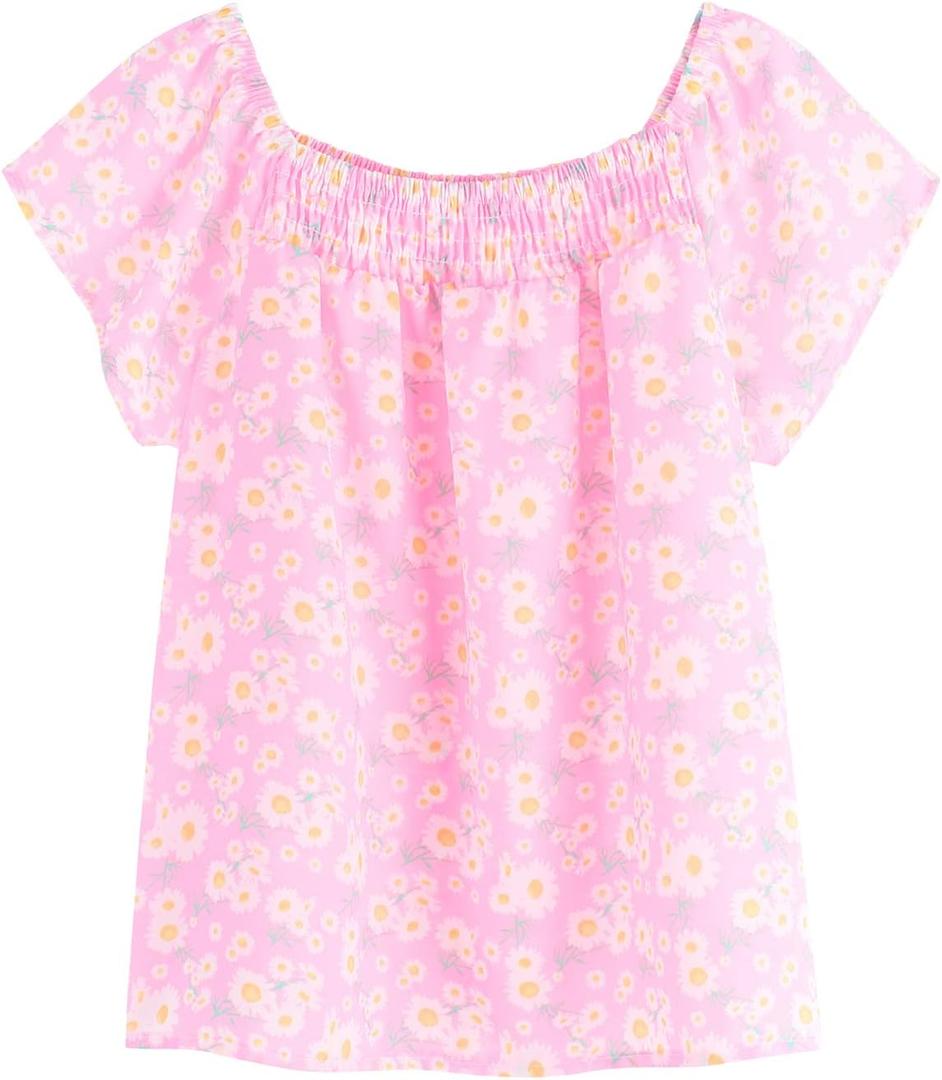 JESKIDS Girls Frilly Shirred Shirts Flutter Sleeve Square Neck Top Summer Blouse 8-9 T Pink Little Daisy