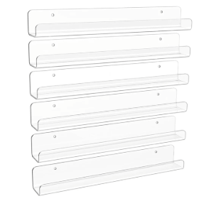 upsimples 6 Pack Clear Acrylic Shelves, 1.7" x12" Nursery Bookshelves, Small Floating Bookshelf for Kids Baby, Vinyl Wall Mount, Record Holder, Magazine Rack, Comic Display, Picture Ledge Shelf Décor