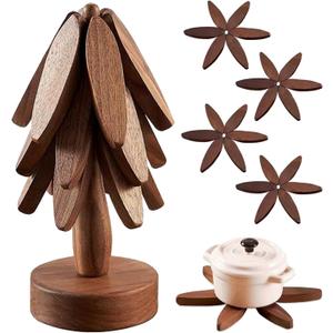 Wooden Tree Coasters, Trivets for Hot Dishes, Trivets for Hot Pots and Pans, Wooden Tree Trivet Set - 3 or 4 Wooden Trivet + 1 Stand, Christmas Coasters (Walnut,4pcs-A)