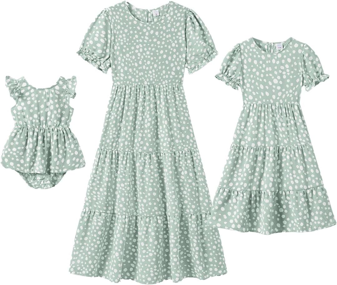 IFFEI Mommy and Me Dresses Summer Casual Boho Matching Outfits Ruffle Puff Sleeve High Waist Midi Beach Maxi Dress, Size: Medium