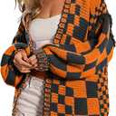 SELINK Women's Cardigan Sweater Vintage Open Front Mixed Checkered Pattern Chunky Knit Plaid Long Sleeve Daily Outwear (Large, Z Orange)