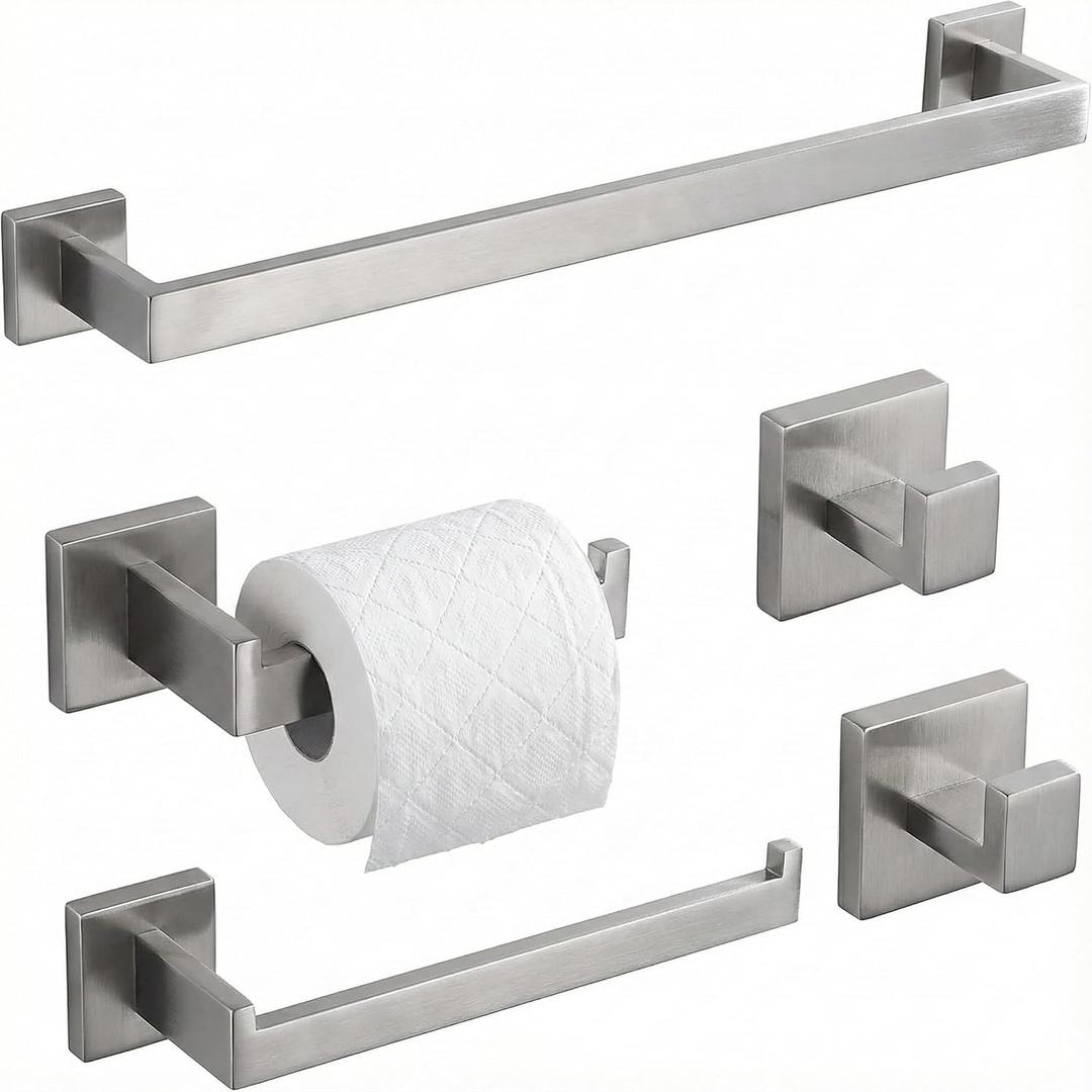 5 Piece Bathroom Hardware Set Brushed Nickel, SUS304 Stainless Steel Towel Bar Set, Modern Square Accessories with 16 Inch Rack Toilet Paper Holder Robe Hooks (Brushed Nickel)