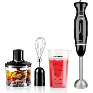 OVENTE Immersion Hand Blender Set, 300W Electric Handheld Stick Mixer, 2 Mixing Speeds with Stainless Steel Blades, Egg Whisk, Beaker & BPA-Free Food Chopper, Black HS565B