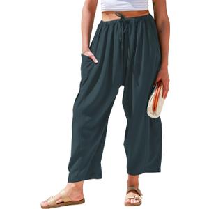 TARSE Womens Linen Wide Leg Pants Casual Loose Drawstring Summer Beach Travel Vacation Palazzo Harem Pants with Pockets (X-Large)
