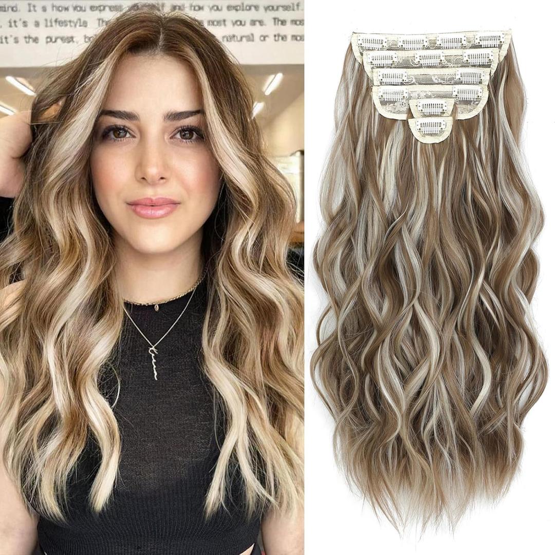 Clip in Hair Extensions for Women Brown with Blonde Highlights Long Wavy Hair Extensions Clip Ins 6PCS 20 Inch Synthetic Soft and Natural Thick Hair Pieces for Women