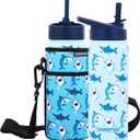 18 OZ Kids Water Bottle with Carrier Bag & Strap Leak Proof Metal Insulated Stainless Steel Tumbler with 2 Lids (Flip & Spout) for School & Sports Water Bottle with Straw - Blue (Shark)