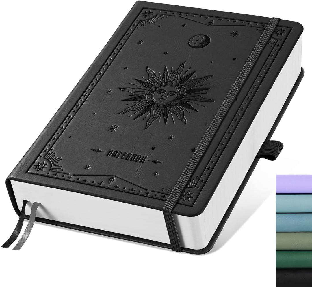EMSHOI A5 College Ruled Notebook, 320 Numbered Pages 100GSM Ink-Proof Faux Leather Hardcover Lay-Flat Lined Journal for Work Office School Writing, SUN Design, Small 5.75" x 8.38", Black