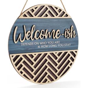 IARTTOP 3D Welcome Hanging Sign Plaque for Front Door Wall Decor, Funny Welcome-ish Wooden Hanger (12''x 12''), Rustic Minimalist Outdoor Wood Wall Art for Farmhouse Porch or Entryway Home Decor