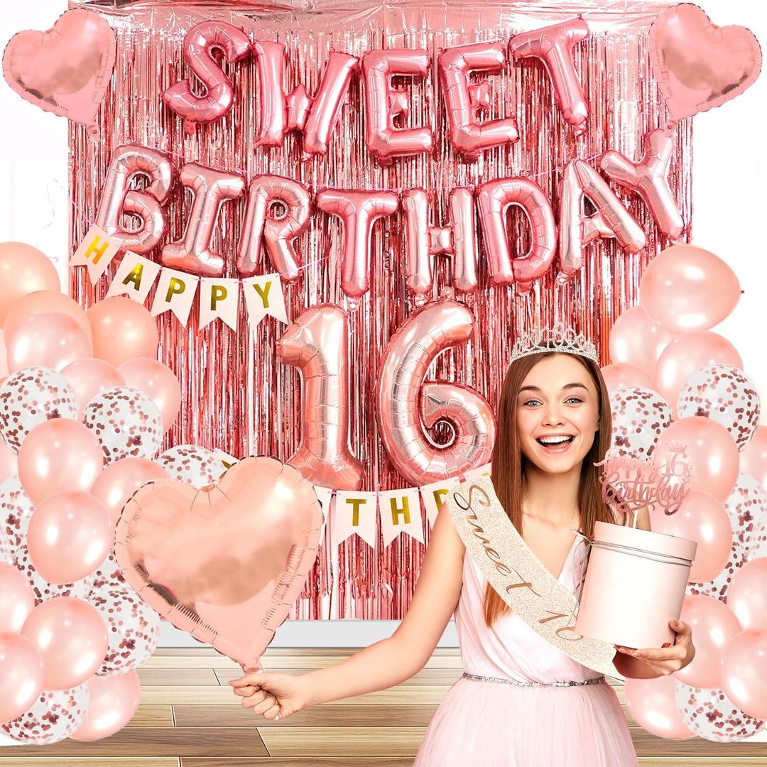 Sweet 16 Party Decorations, 16th Birthday Decorations for Girls Rose Gold Foil Balloons Party Supplies, Tiara Tassel Curtains Sash Balloons Numbers Banner Cake Topper for 16 Birthday Party