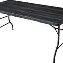 6ft Folding Table, Portable Heavy Duty Plastic Fold-in-Half Utility Table for Indoor/Outdoor Use, Dining, Camping, Picnic, Party, Black Woodgrain