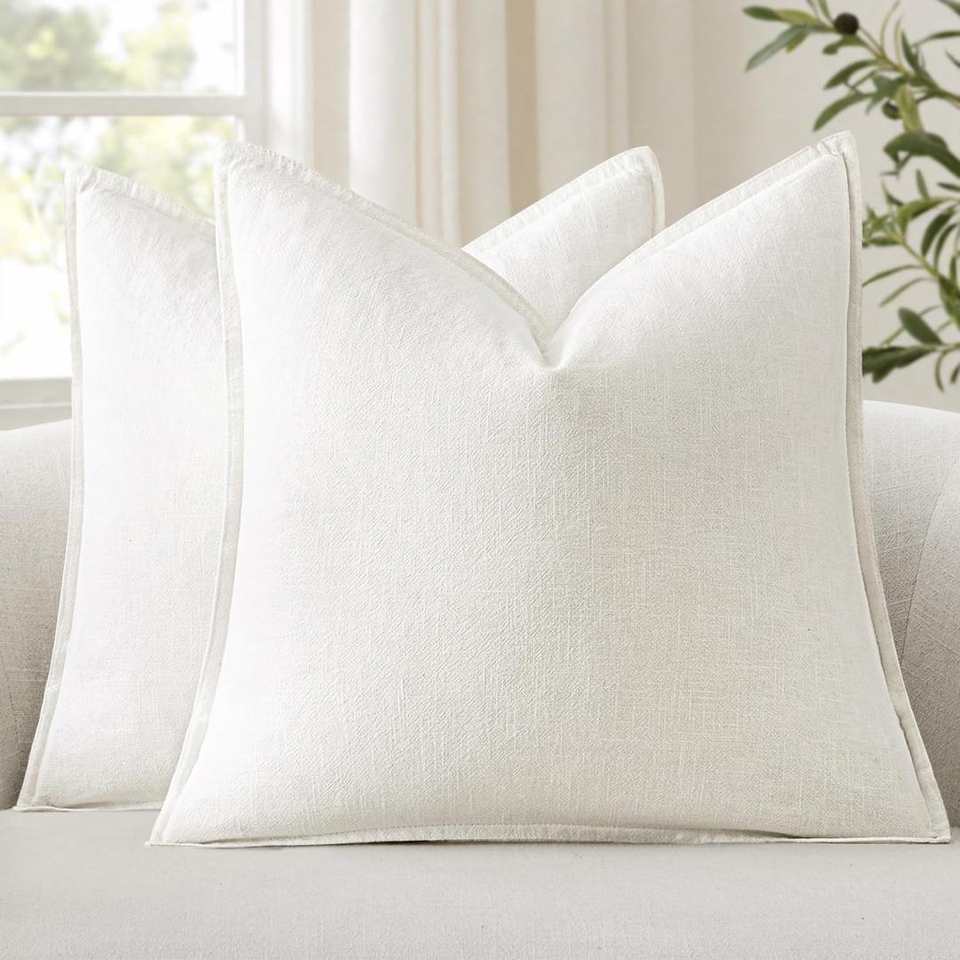 ANRODUO Pack of 2 Decorative Linen Pillow Covers Cream White Neutral Farmhouse Boho Soild Cushion Case Soft Accent Pillowcase for Couch Sofa Bedroom Living Room Spring Home Decor 20 x 20 Inch