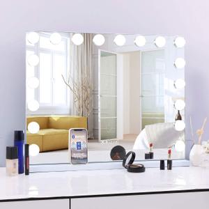 FENCHILIN Vanity Mirror with Lights and Bluetooth, Hollywood Lighted Makeup Mirror with 20 Dimmable LED Bulbs 3 Color Lighting, Tabletop Or Wall Mounted 27.6 x 22.9 Inch