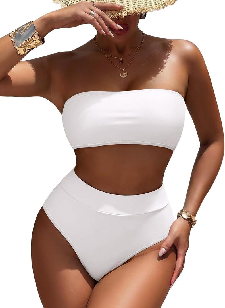 Pink Queen Women's High Waist Bikini Set Removable Strap Bandeau Two Piece Swimsuit Bathing Suit (White, Small)