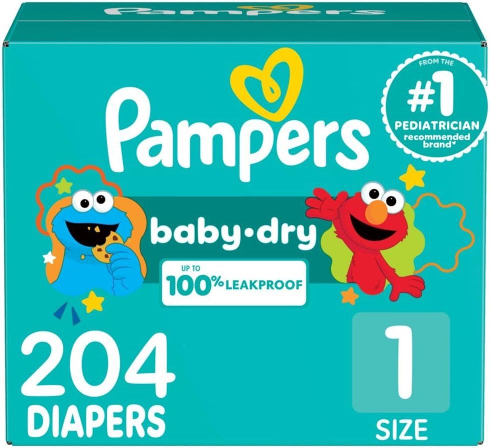 Pampers Diapers - Baby Dry - Size 1, 204 Count, Absorbent Disposable Infant Diaper (Packaging May Vary)