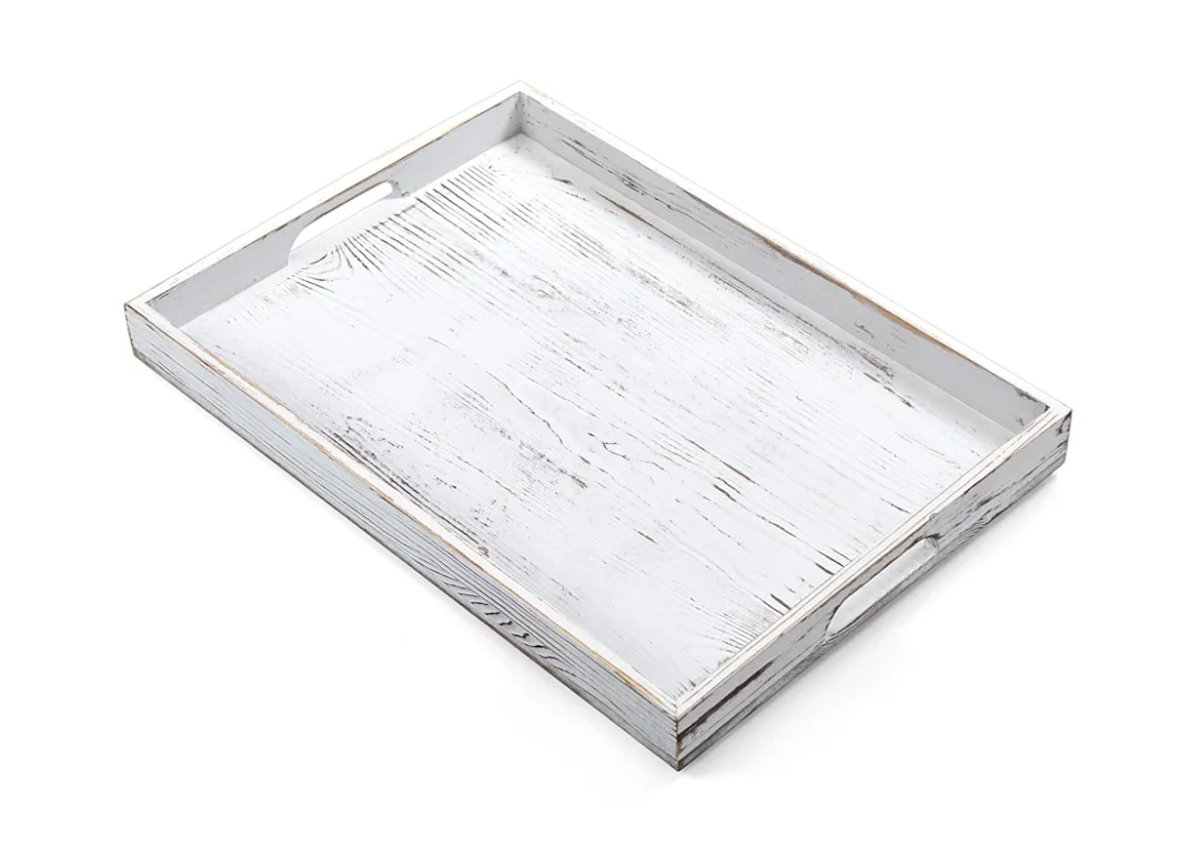 17 Inch Rustic White Serving Tray with Handles - Large Wooden Tray for Ottoman, Breakfast in Bed, Dinner, Coffee Table - Decorative Rectangular Tray for Living Room Bedroom Entryway and Kitchen Decor