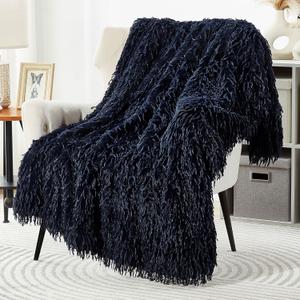DREAMNINE Decorative 850GSM Fluffy Feather Faux Fur Throw Blanket for Couch Sofa 50" x 60", Soft Plush Long Hair Shaggy Fuzzy Blankets, Double Sided Luxury Warm Furry Blanket for Valentine, Navy Blue