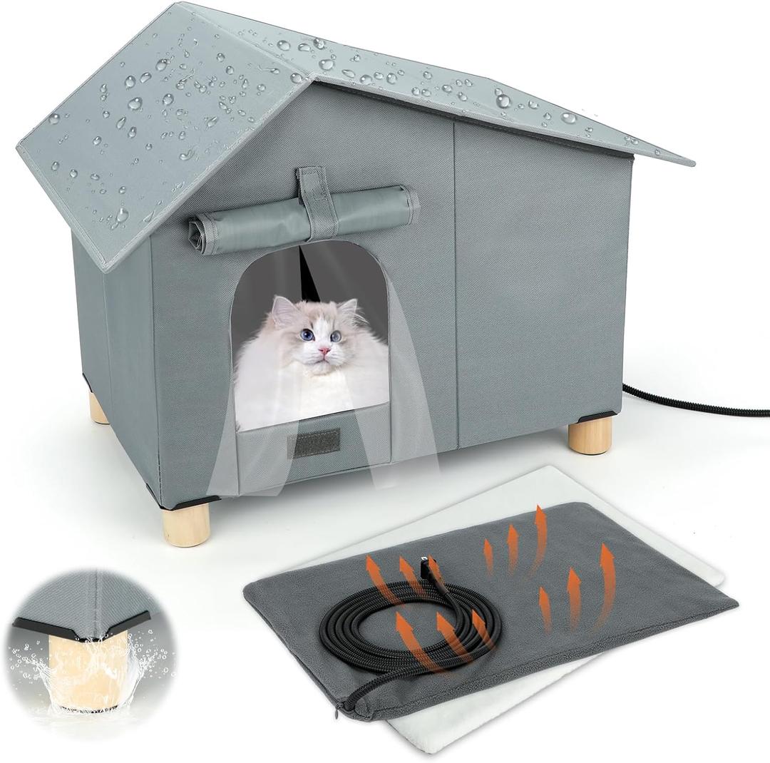 Elevated Heated Outdoor Cat House,Extra-Wide Waterproof Heat Feral Cat Shelters for Indoor Outdoor Kitty, Warm and Insulated Outside Heater Cats House with Thermostatic Heating Pad for Cold Winter (19.7"W*13.4"D*18.1H(with Foot), Grey)