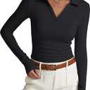 Prettywear Womens Long Sleeve Polo Shirts Business Casual Work Tops Blouse Fitted Collared V Neck Shirt 2025 Fall Clothes (Medium, Black)
