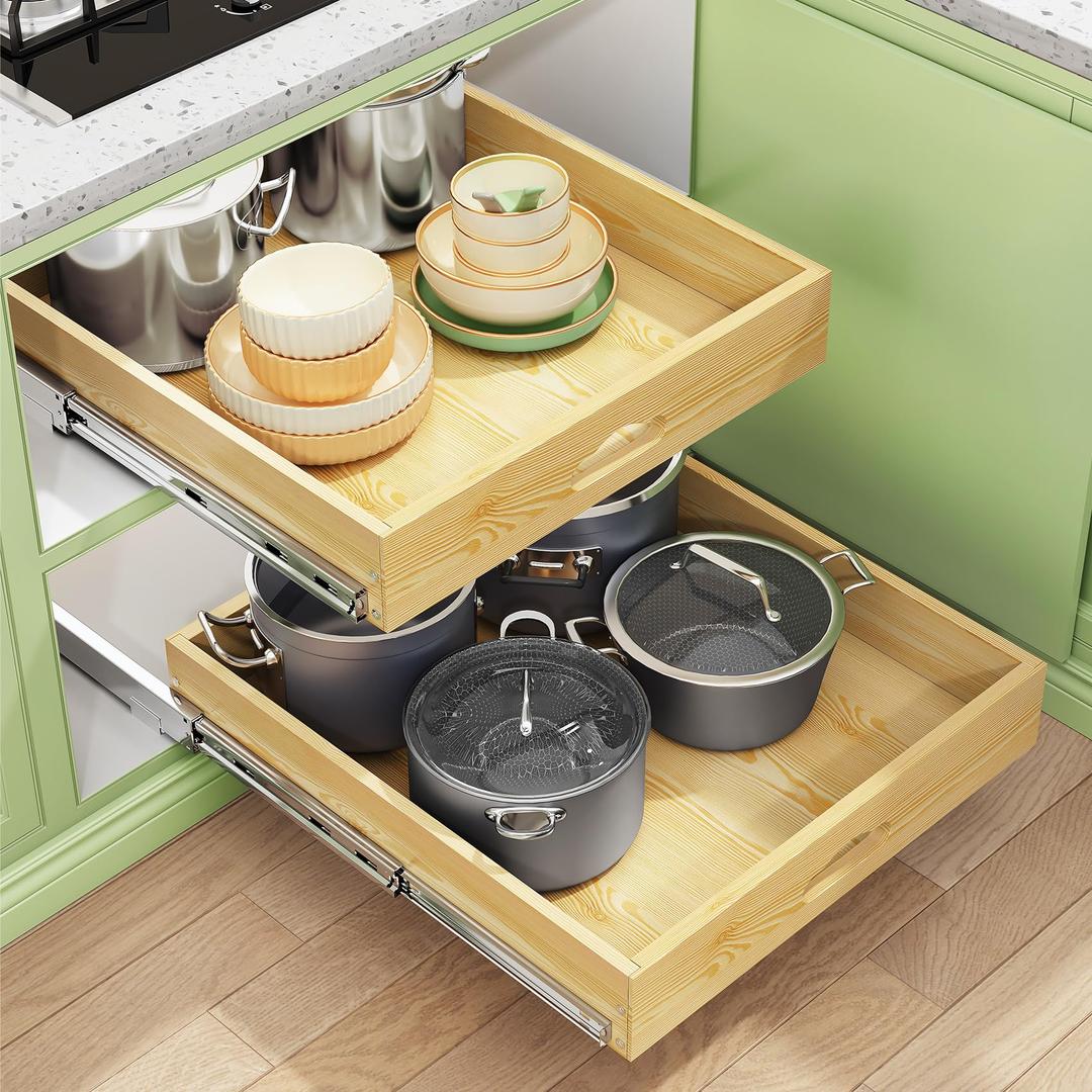 Pull Out Cabinet Organizer, Soft Close Wooden Slide Out Drawers for Pots and Pans, Full-extension Roll Out Shelves for Kitchen Cabinets, Pantry Organization, Bottom & Side Mount (23"W X 21"D x 3.4''H)