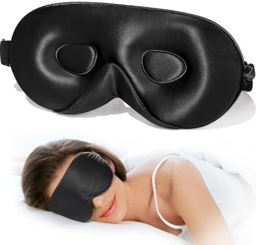 LitBear 100% 22 Momme Mulberry Silk Sleep Mask - 3D Contoured Eye Mask for Men & Women, Soft Breathable Sleeping Mask with Adjustable Strap, Perfect Blocks Light for Sleeping (Black)