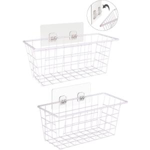 Hanging Kitchen Baskets For Storage Adhesive Small Wire Storage Baskets No Drilling Wall Mounted Shelf for Kitchen Pantry Room Cabinet Bathroom, 2 PACK, White