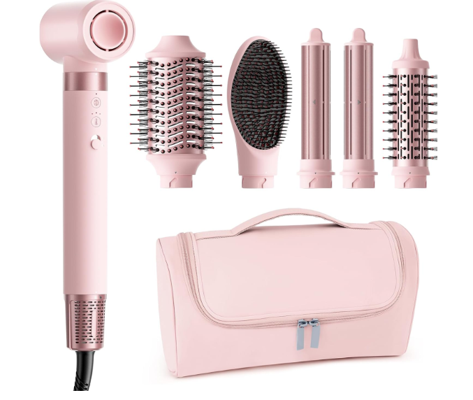 MESCOMB 6 in 1 Hot Air Styler Wrap, Professional Hair Styler with Thermal Round Brush for Blowouts, Fast Drying for Blow Dry, Curling, Volumizing, Straightening, Salon Results in Minutes (Light Pink)