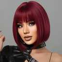 Wine Red Bob Wig With Bangs 12 Inch Burgundy Wig Short Synthetic Fiber Bob Wigs for Women Short Bob Wigs and Halloween Cosplay Wig With One Cap (Wine Red)