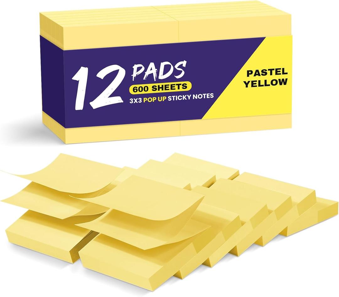 2 x Pop Up Sticky Notes, 12 Pads, 3x3 inches, Yellow Self-Stick Note Pads, Perfect for Office, Study, and Daily Life Organization - Yellow