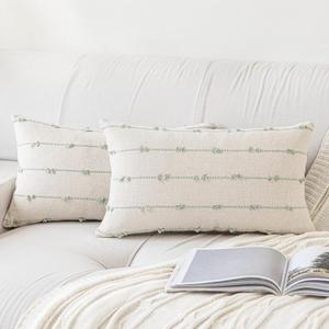 YEENAASY Boho Throw Pillow Covers12x20 Set of 2 Modern Farmhouse Decorative Cushion Case Tufted Linen Square Pillow Cover Neutral Pillow Cases Accent Pillowcase for Sofa,Couch,Bed,Beige and Green