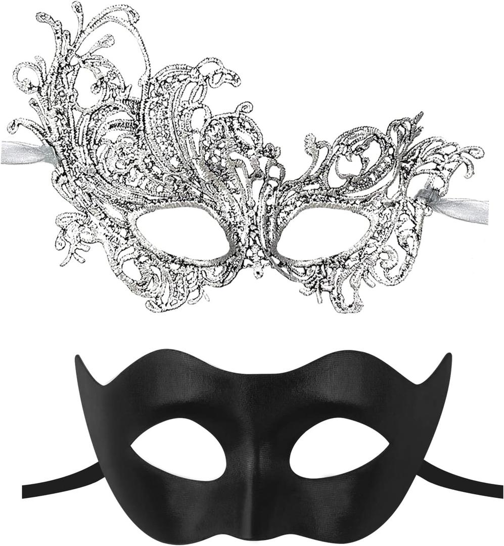 IncreDecor Couple Masquerade Lace Mask Set, Fit for Women and Men Venetian Halloween Masks, Specially for Costume, Mardi Gras