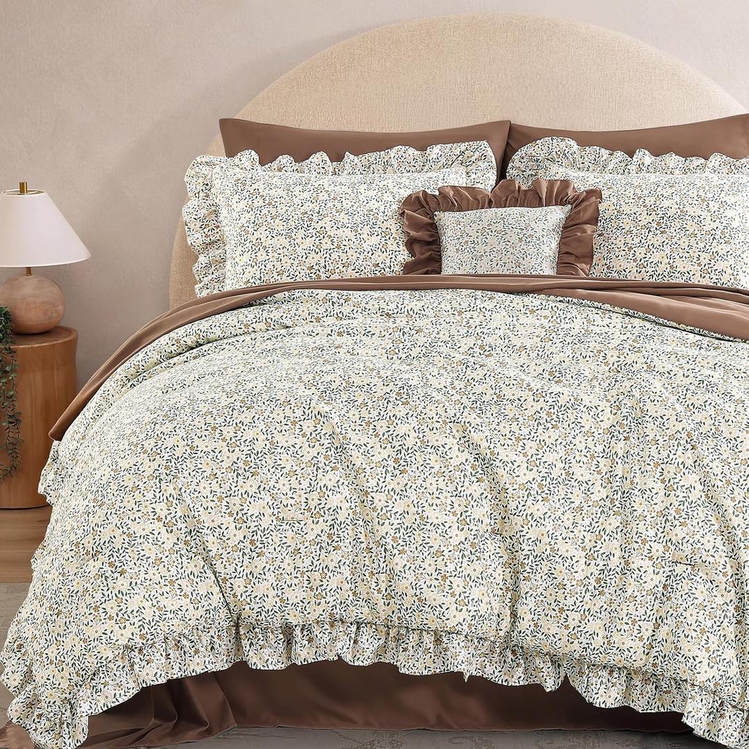 King Size Comforter Set-7 Pieces Floral Ruffle Bedding Set | Beige Ditzy Bed in a Bag, Soft Lightweight All Season Farmhouse King Size Bedding Sets with Sheets, Pillowcases & Shams
