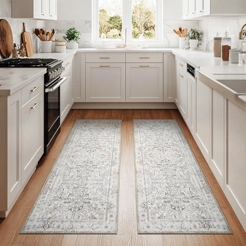 jinchan Kitchen Runner Rug 2x6-2pcs,Vintage Hallway Rug Washable Floral Non Slip with Rubber Backing Soft Carpet Runner for Bedroom Laundry Room Living Room Taupe