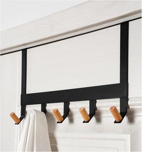 A&M Shops Over The Door Hanger - Heavy Duty Metal Door Hanger with Lotus Wood Tip for Bathroom & Bedroom - Coat Rack Organizer with 5 Stylish Towel Hooks for Door, Clothes & Bags - Black - Pack of 2