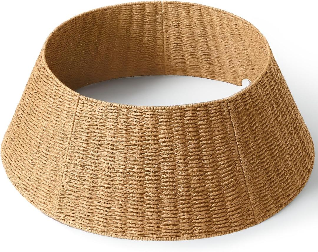 28in Christmas Tree Collar - Wicker Woven Tree Collars for Artificial Trees - Handmade Rattan Rustic Farmhouse Basket for Tree Base Cover with Cord Cut-Out for 6ft 7.5ft 8ft Trees (Natural)