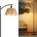 Oneach Boho Rattan Floor Lamp for Living Room, Farmhouse Standing Lamp with Hand-Woven Shade, Black Metal Base & Pole, Foot Switch - Corner Reading Lamp for Bedroom (62'')