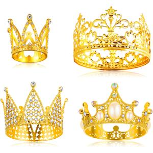Jetec 4 Pcs Crown Cake Topper Mini Tiara Birthday Crystal Pearl Vintage Small Cake Crown Topper for Birthday Wedding Party Bouquet Flower Arrangements Baby Shower Decor(Gold,Cute Style)