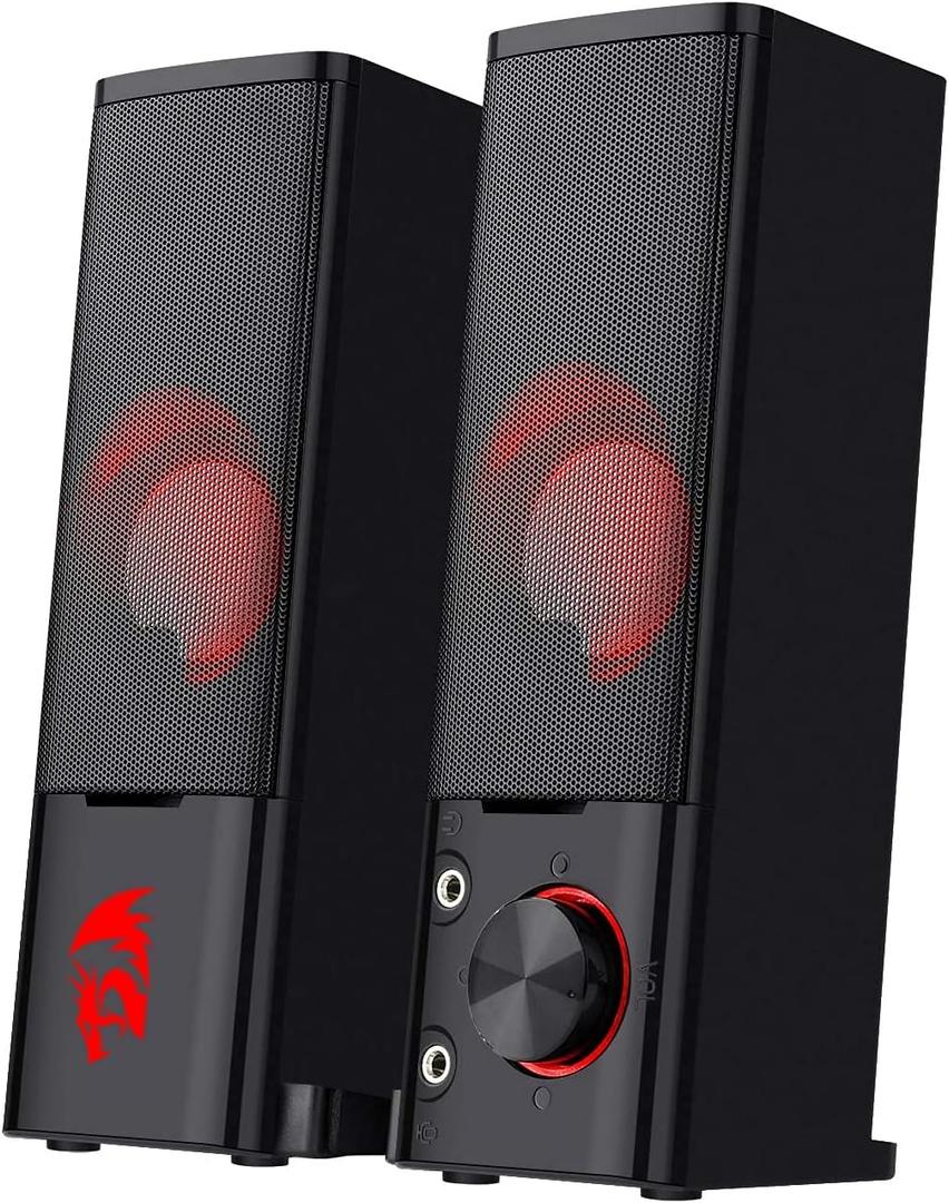 Redragon GS550 PC Gaming Speakers, 2.0 Channel Desktop Computer Sound Bar with Compact Maneuverable Size, Headphone Jack, Quality Bass & Decent Red Backlit, USB Powered w/ 3.5mm Cable (Black)