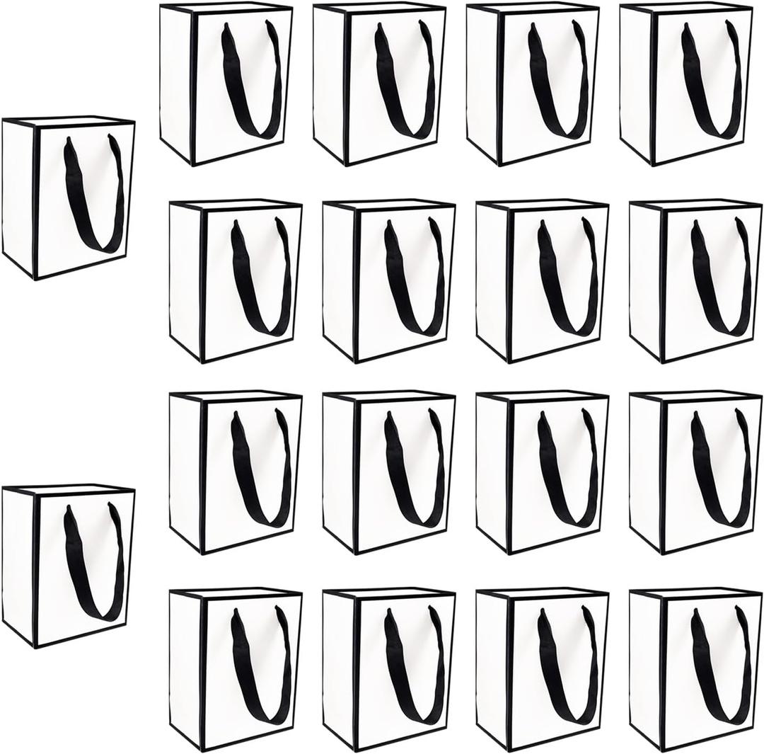 TKSBAG 50 PCS Small Black White Gift Bags with Handles, 6.5 * 5 * 3 Inch Thank You Bags Bulk for Baby Shower, Bridal Shower, Wedding, Party Favors, Thanksgiving, Christmas
