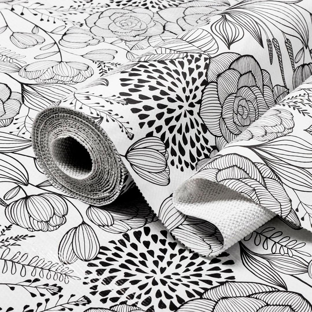 Shelf and Drawer Liner for Kitchen Cabinets, Non-Adhesive and Strong Non-Slip Floral Shelf Cabinet Drawer Liners, Waterproof Thickened Shelf Liner,Easy to Clean,Black and White,12IN x 10FT (12"W x 118"L)