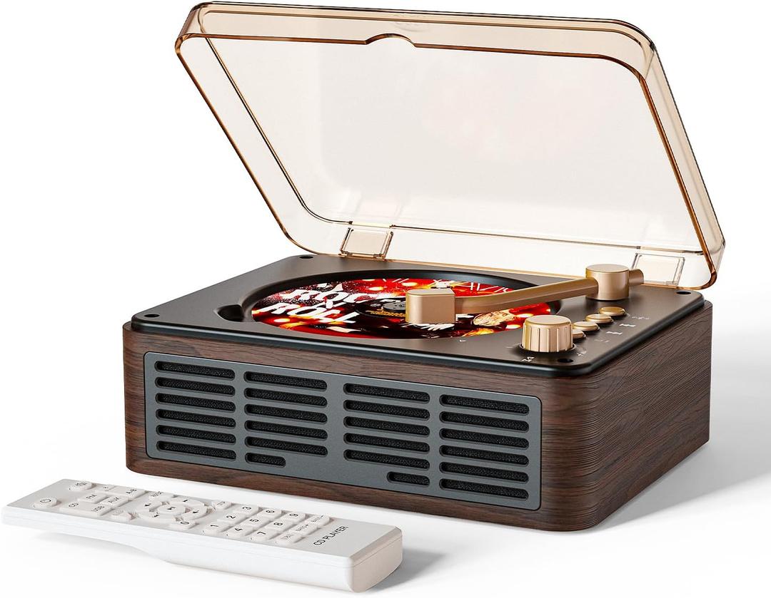 CD Player with Speakers Bluetooth Nostalgic Retro Portable CD Players for Home Wood Music Player FM Radio for HomeWired and Remote Control-Walnut Brown