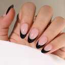 French Tip Press On Nails Almond Short Fake Nails with glue, Soft Gel Black French Tip Press on Gel Nail, Reusable Stick On Nail in 16 Sizes - Glue On Nails 32 Pcs