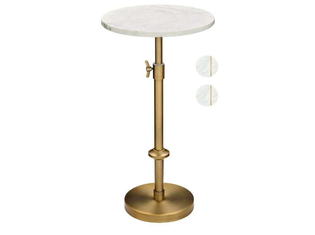 Adjustable-Height Marble Drink Table - 12x12x22-30, White Marble & Antique Brass, Modern Round End Table, Side Table with Pedestal Stand for Small Spaces, Vintage Metal Martini Cocktail Accent