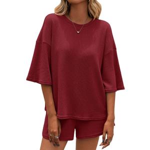 Tankaneo Womens 2 Piece Outfits Sweater Set Lounge Sets 3/4 Sleeve Oversized Tops and Elastic Waist Shorts Pajama Sets