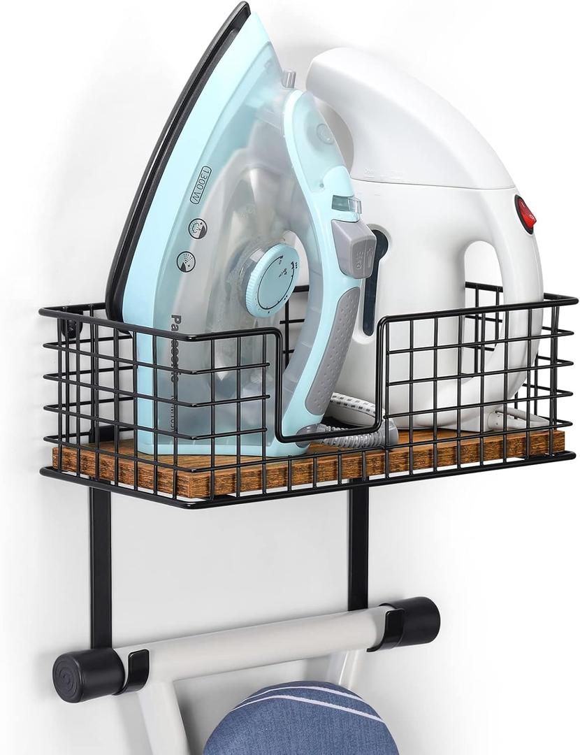 Iron Board Hanger Wall Mount Ironing Boards Holder with Shelf, Laundry Room Iron and Ironing Board Rack with Storage Basket and Hooks, Wall Iron Board Holder with Wood Base for Home, Classic Black