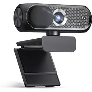 2K Webcam with Microphone, Privacy Cover, Wide-Angle Lens, Auto Light Correction, Plug & Play USB Webcam for Laptop, Desktop, PC, Mac, Zoom, Skype, Streaming (Black)