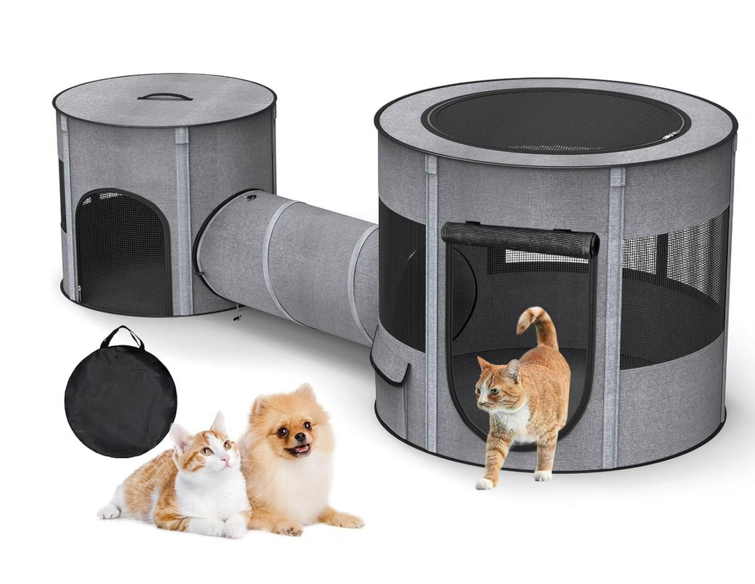 Portable Cat Playpen with Tunnel, 3 in 1 Foldable Puppy Play Pen, Waterproof Bottom, Enclosed 2Room Separable Pet Tent for Indoor/Outdoor, MultiPurpose Enclosure Crate Cage for Kitten Dog Rabbit