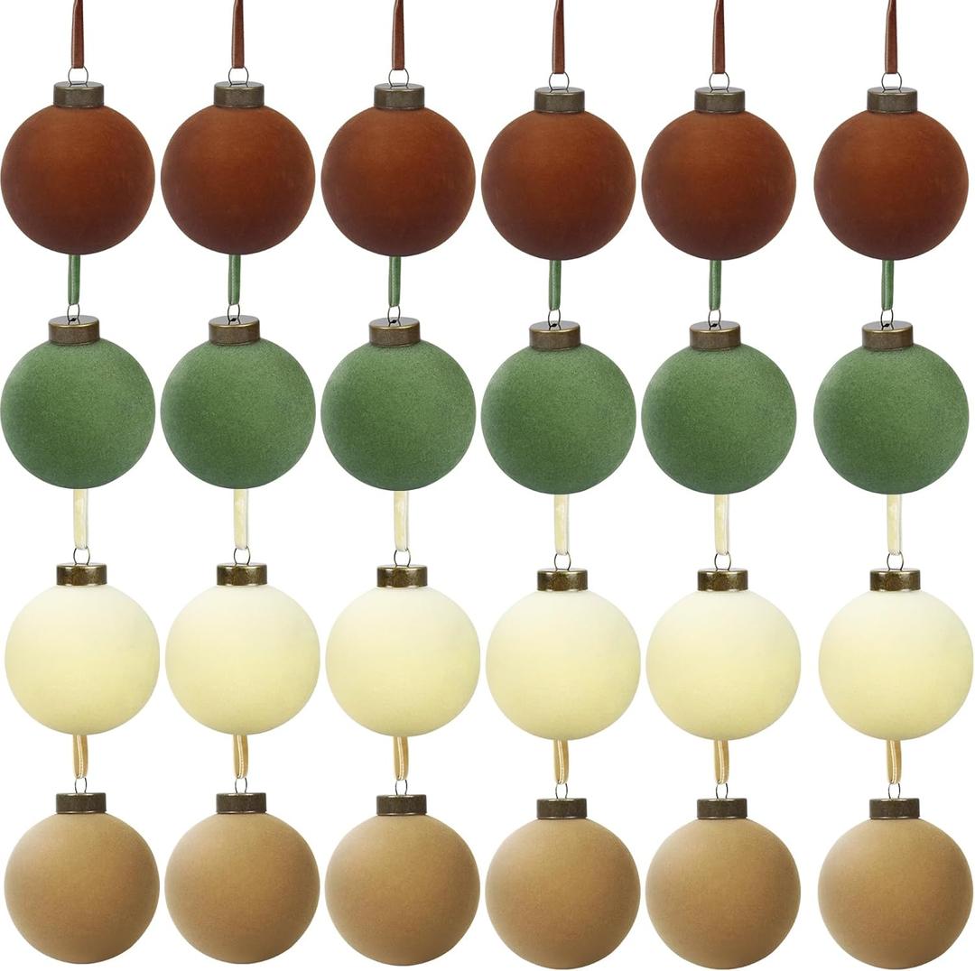 24 Pcs Velvet Christmas Balls Bulk Shatterproof Plastic Christmas Tree Decorations for Decorative Hanging Baubles (24, Brown Green Beige Khaki, 2.36Inch)